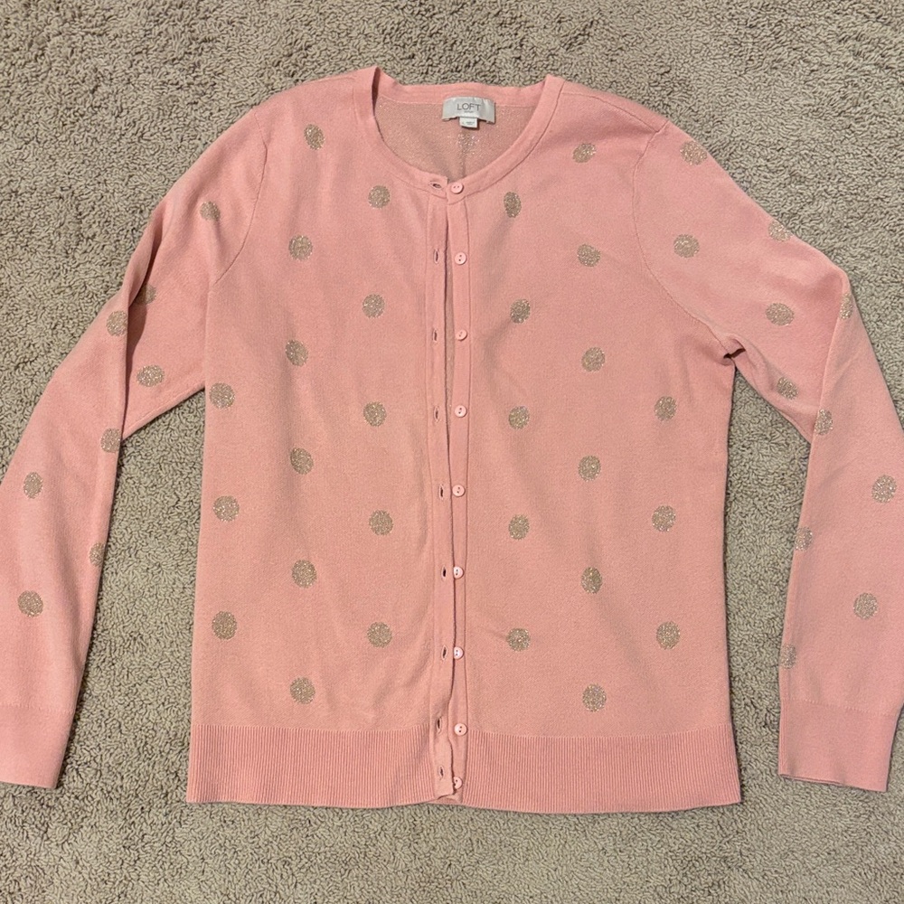 LOFT Pink and Gold Polka Dot Cardigan